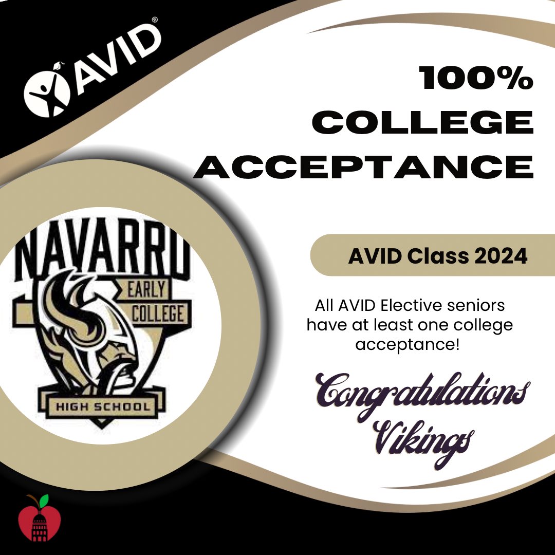 Shout out to the @navarro_vikings @AVID4College senior class, the first @AustinISDAVID senior class of ‘24 to gain 100% college acceptance! 65 acceptances & counting! Kudos to Coach Morgan & Ms. Googins for helping this happen! #aisdpride #aisdjoy