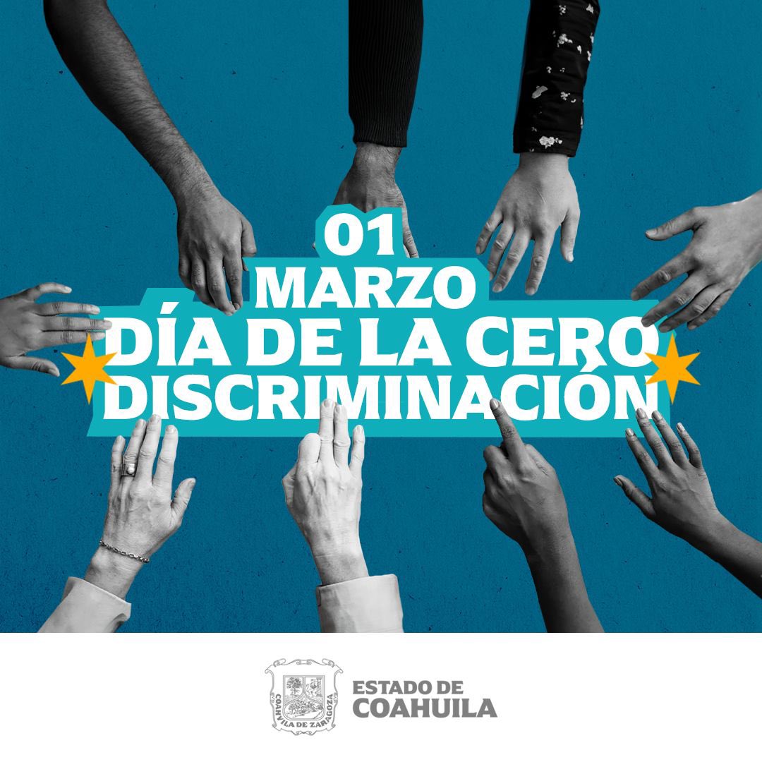 Hoy conmemoramos el Día Internacional de la #CeroDiscriminación. Todos tenemos el derecho de vivir una vida plena con dignidad, sin importar aspecto, sexo, edad, religión, discapacidad, orientación sexual, lengua, condición médica o cualquier otro motivo. #CoahuilaPaDelante…