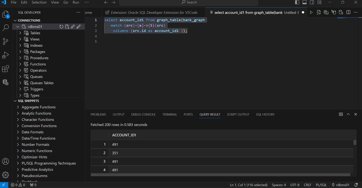 MelliAnnamalai (@annamalaimelli) on Twitter photo Cool new look, same great functionality. <a href="/OracleSQLDev/">Oracle SQL Developer</a>
Was fun trying 23c graph queries. Cool new look, same great functionality. <a href="/OracleSQLDev/">Oracle SQL Developer</a>
Was fun trying 23c graph queries.