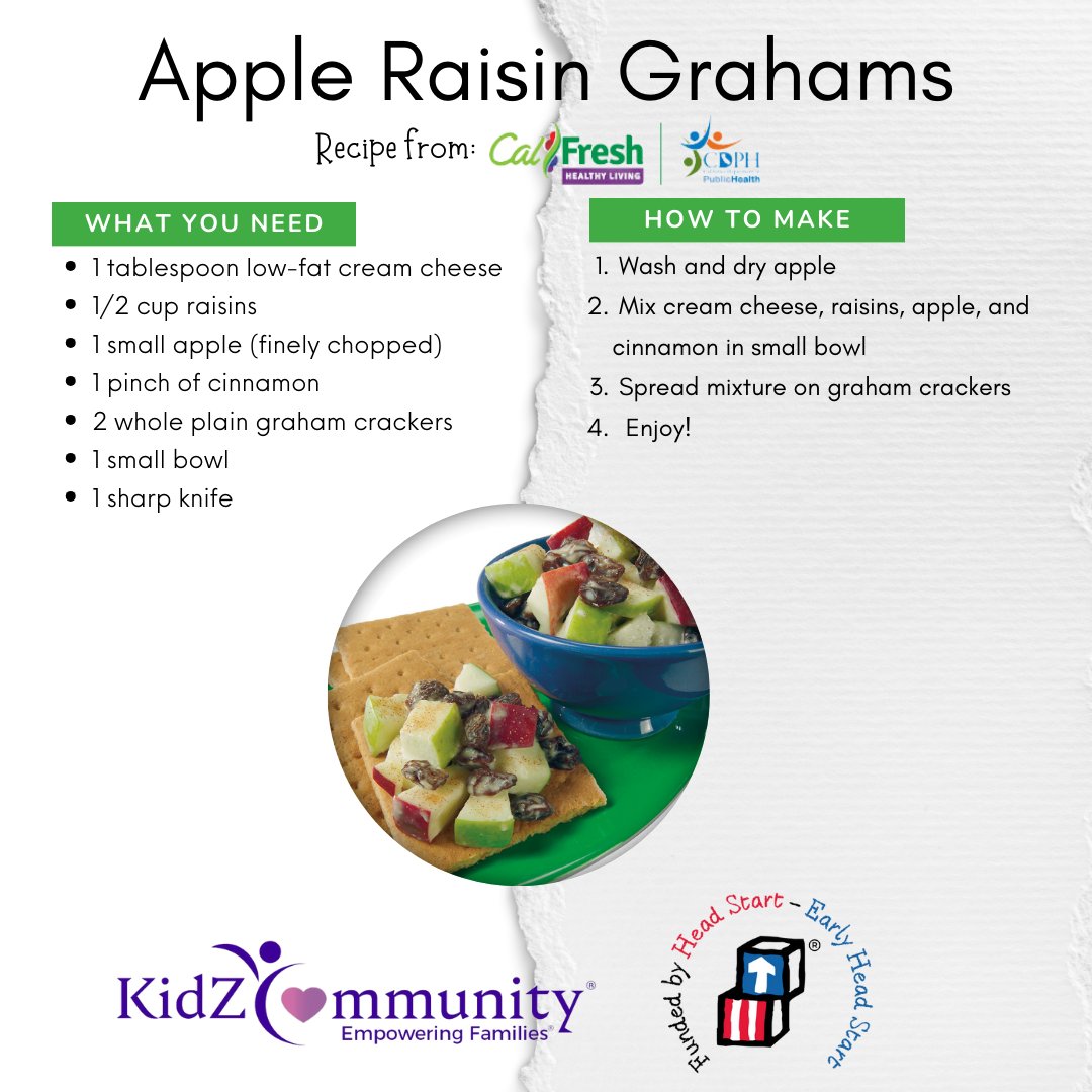 #KidZCommunity #MenuMonday - Try this apple raisin graham snack recipe from #CalFreshHealthyLiving💜

#HeadStart #EarlyHeadStart #EarlyLearning #EmpoweringFamilies #GetAHeadStart #ComeEatWithUs #NowHiring #NowEnrolling #PlacerCounty #NevadaCounty