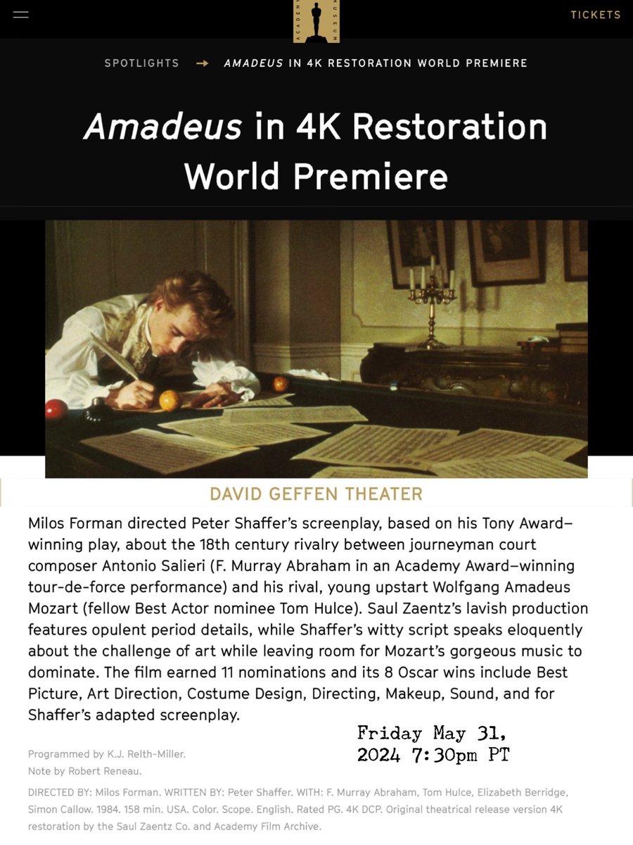 So excited this is finally being announced - a gorgeous new restoration of Milos Forman’s original theatrical cut of “Amadeus” - the version that won eight Academy Awards including Best Picture, Director, Screenplay, and Actor. See it on the Academy Museum’s beautiful big screen