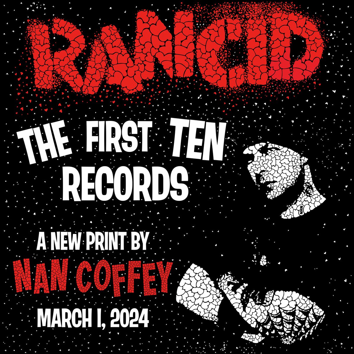 “RANCID: THE FIRST TEN RECORDS” - A Limited Edition Fine Art Print created by artist @nancoffeyart using her signature “Hearts All Over” style - the result is a reimagining of all of 10 records by Nan using 10s of 1000s of hand drawn hearts.

Pre-sale: nanwashere.com/products/ranci…