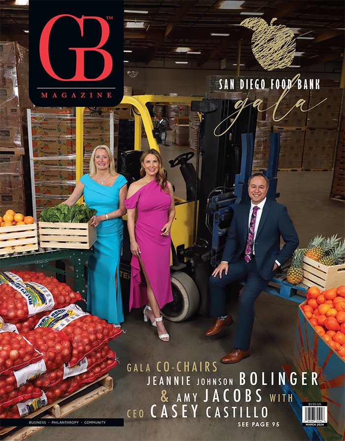 Jeannie Johnson Bolinger, Amy Jacobs & CEO Casey Castillo are the March issue cover stars! They invite you to join them for the 12th Annual @sdfoodbank Gala to benefit Food 4 Kids Backpack Program. gbsan.com