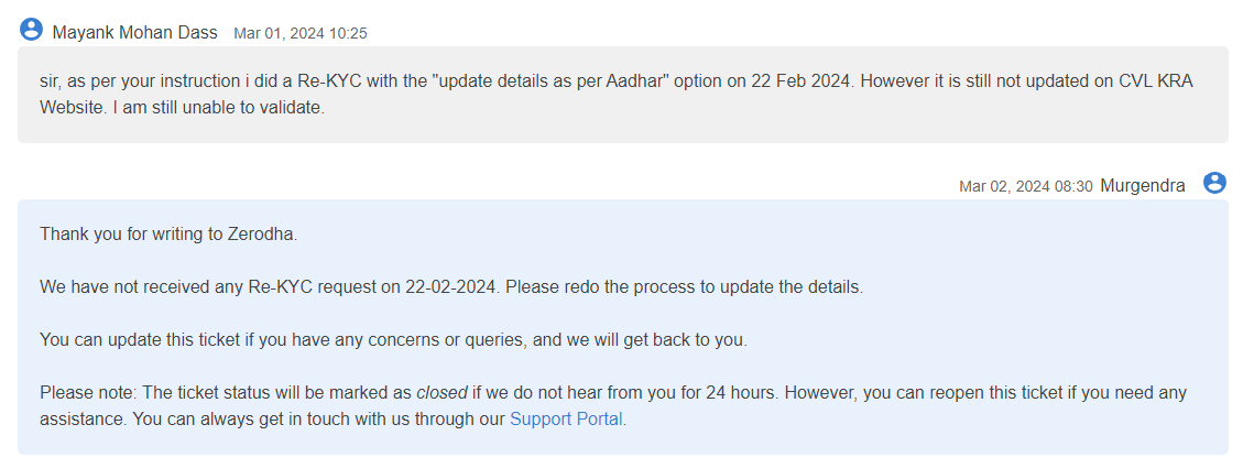 finsomedia's tweet photo. @zerodha I did Re-KYC on 14 Feb. to update my details with CVLKRA. However your helpdesk asked to do it again with the "update details as per Aadhar" option. 
I did it on 22 FEB.  It was completed with Adhaar auth. But now you are denying it. Please resolve the issue https://t.co/SfbNLdzS8K