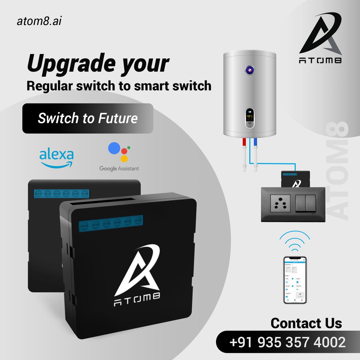Power up your peace of mind.  Atom8 smart switches let you monitor and manage high-power appliances remotely, ensuring safety and saving you energy.

#wifismartswitch #smartswitches #wifiswitches #mobilecontrol #devicecontrol #smarthomedevices #houseautomation #smarthomedevices