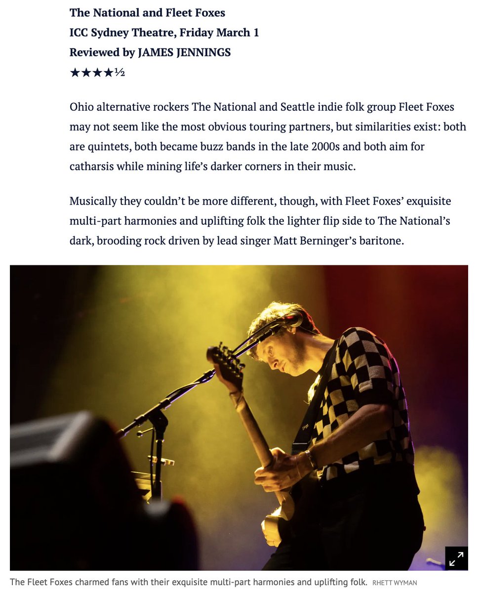 Review of the 1/3/23 @TheNational and Fleet Foxes show at @ICCSyd for @smh. smh.com.au/culture/live-r… #thenational #fleetfoxes #smh #livemusic #LiveMusicReview #gigreview