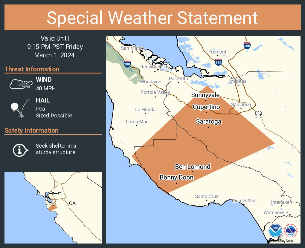 A special weather statement has been issued for Sunnyvale CA, Santa Clara CA and Cupertino CA until 9:15 PM PST