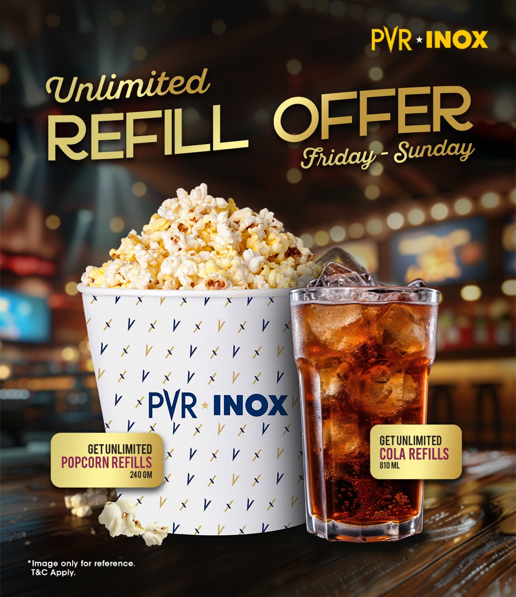 Weekends at the movies just got even better! Indulge in endless delights with our unlimited popcorn (240gm) and cola (810ml) refills at PVR INOX from Friday to Sunday. 🎬🍿
.
.
.
*T&C Apply
#TastyDelights #PVRTreats #Popcorn #Cola #UnlimitedRefills #Offer #Deals #Discount