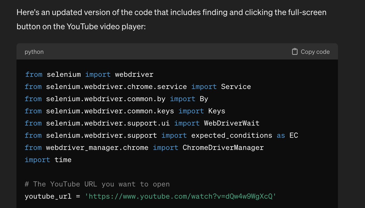 SunilGreen1's tweet image. Was messing around trying to hack together something in Selenium and let the record show, @ChatGPTapp rick-rolled me: