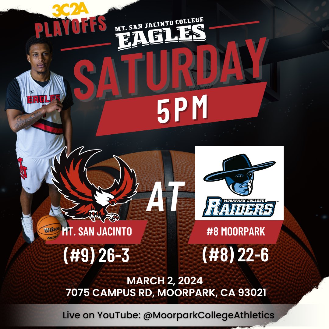 🚨3C2A PLAYOFF GAME🚨
🗓️Saturday, March 2, 2024
🕔 5pm
📍Moorpark College
🆚 #8 Moorpark College (22-6) 
📺 YouTube: Moorpark College Athletics