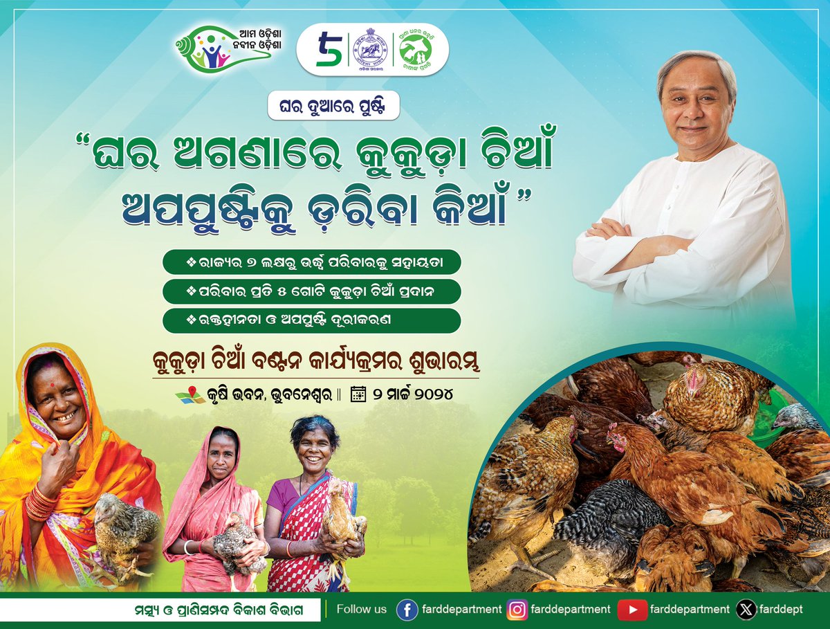 ରାଜ୍ୟର ୭ଲକ୍ଷରୁ ଊର୍ଦ୍ଧ୍ବ ପରିବାରକୁ କୁକୁଡା ଚିଆଁ ବଣ୍ଟନ କରାଯାଉଛି। ରକ୍ତହୀନତା ଓ ଅପପୁଷ୍ଟି ଭଳି ଭଳି ରୋଗ ଦୂର କରିବା ନିମନ୍ତେ ଏହା ସହାୟକ ହେବ। ମତ୍ସ୍ଯ ଓ ପ୍ରାଣୀସମ୍ପଦ ବିଭାଗ ପକ୍ଷରୁ ଆଜି ଏହି କାର୍ଯ୍ୟକ୍ରମର ଶୁଭାରମ୍ଭ ହେବ। ୨ ମାର୍ଚ୍ଚ, ୨୦୨୪ #5T  #NaveenOdisha