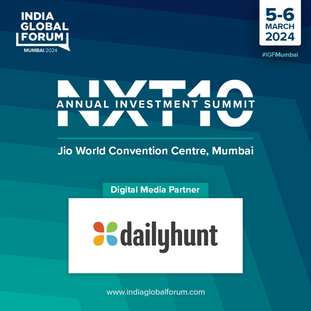 IGFupdates's tweet image. We&apos;re thrilled to have @DailyhuntApp - India&apos;s #1 news app, as our Digital Media Partner for India Global Forum’s Annual Investment Summit &apos;NXT10&apos;. 
 
Join the Conversation! indiaglobalforum.com/Annual-Investm…

🗓️ 5-6 March 2024  📍Mumbai

#IGFMumbai #DailyHunt #DigitalMediaPartner