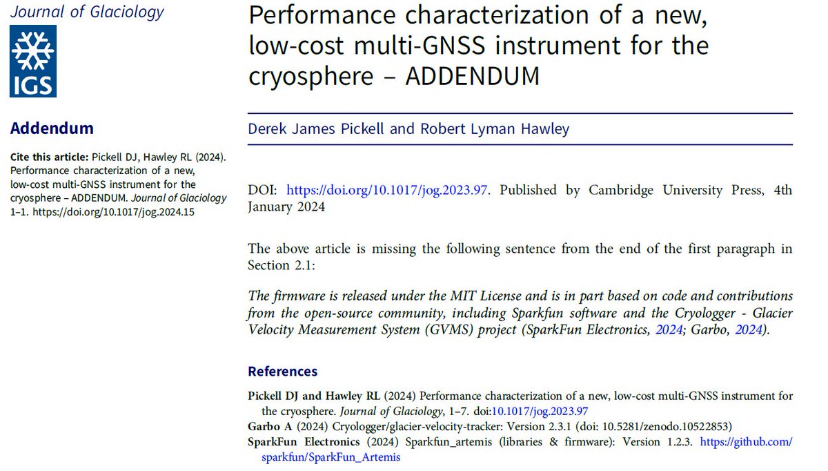 New addendum to a published JGLAC paper! “Performance characterization of a new, low-cost multi-GNSS instrument for the cryosphere – ADDENDUM” by Derek James Pickell & Robert Lyman Hawley ➡ doi.org/10.1017/jog.20… @DartmouthEars