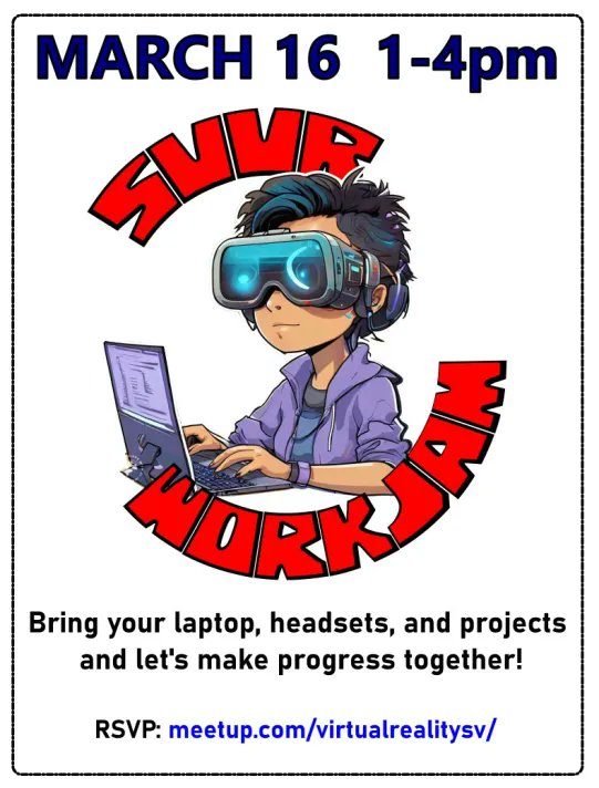 Need some motivation and collaboration to move your AR/VR/spatial computing project forward? Join us for our next free workjam session on Saturday, March 16 in at UC Santa Cruz extension in Santa Clara - RSVP here: meetup.com/virtualreality…