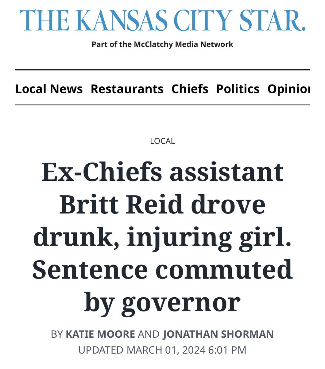shannonrwatts's tweet photo. Missouri @GovParsonMO just commuted the three year sentence of the son of the Kansas City Chief's coach Andy Reid. He pleaded guilty to driving drunk and causing an accident that put a 5-year-old in a coma for 11 days with a traumatic brain injury: https://t.co/rrIDXbtdbE https://t.co/wWWRUVUH3j