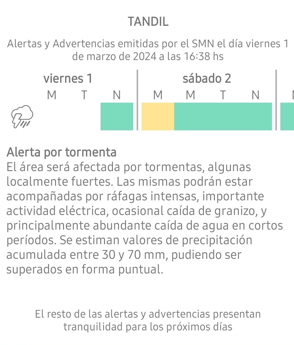 Alerta por tormentas para Tandil y zona, para la madrugada de mañana sábado 2 de marzo. El área se verá afectada por tormentas de variada intensidad, pudiendo resultar algunas de ellas localmente fuertes, con posible caída de granizo y fuertes ráfagas. Fuente SAT SMN.