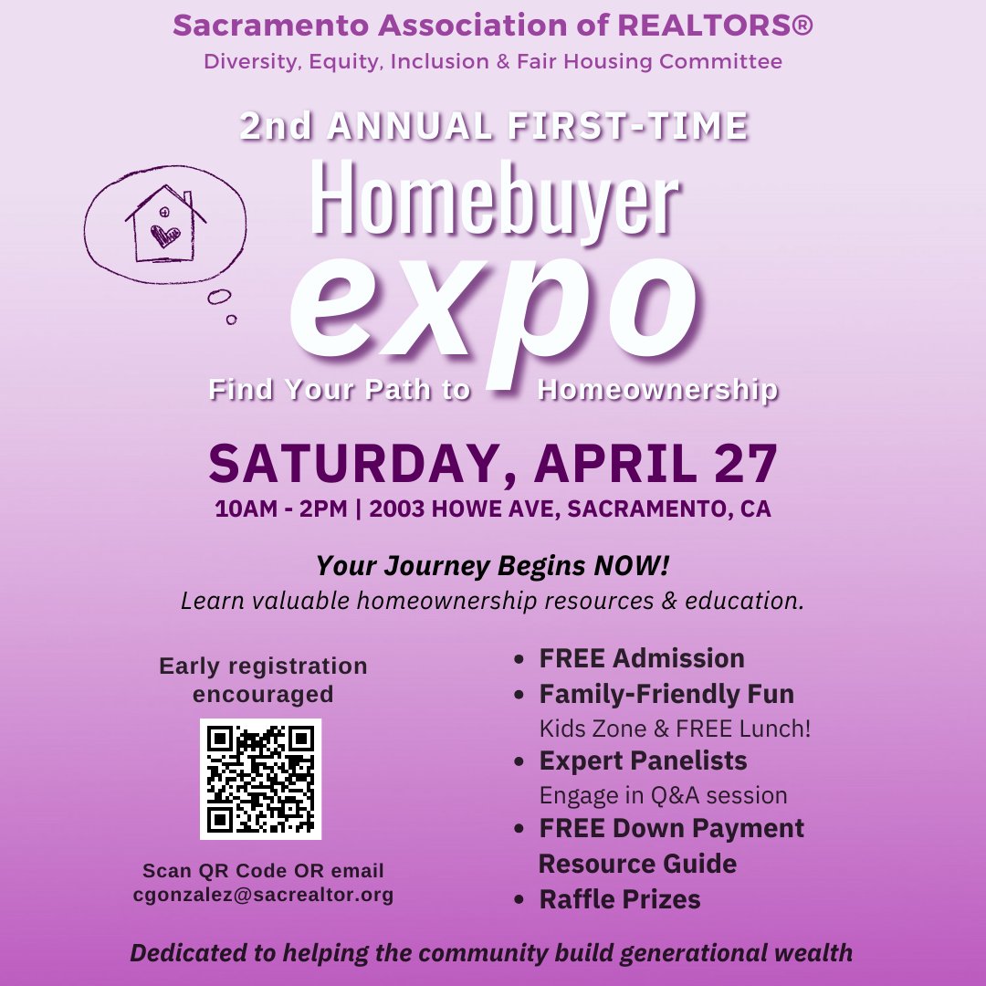 Sac_Realtors's tweet photo. Join the Sacramento REALTORS® Homebuyer Expo for expert guidance on buying your first home and down payment help. Network with vendors, learn about financial assistance and win prizes.
Registration: https://t.co/ulrGqwxOAk
#homeowner #SARHomeExpo #PathToHomeownership #NAR #CAR https://t.co/aZMvjikq4N