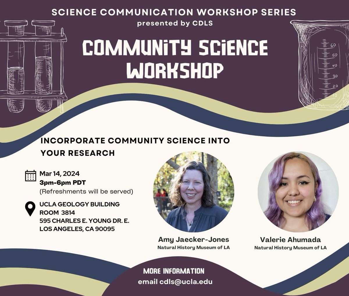 Our third workshop of SciComm series will take place on March 14, 2024 at 3pm-6pm PT and will focus on ‘Community Science’ with guest speakers, Amy Jaecker-Jones and Valerie Ahumada from NHMLA
RSVP: bit.ly/49dL0WF
Link: bit.ly/scw-cs