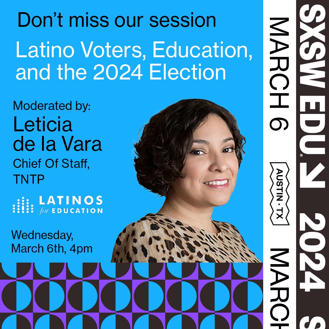 Headed to @SXSWEDU? Join us for one of our TWO upcoming sessions! Meet @TNTPBilingual on Monday to discuss ways to maximize Title III funding to improve outcomes for #Multilingual/ELLs & @leticiadelavara on Wednesday to discuss Latino voters, education & the upcoming election!