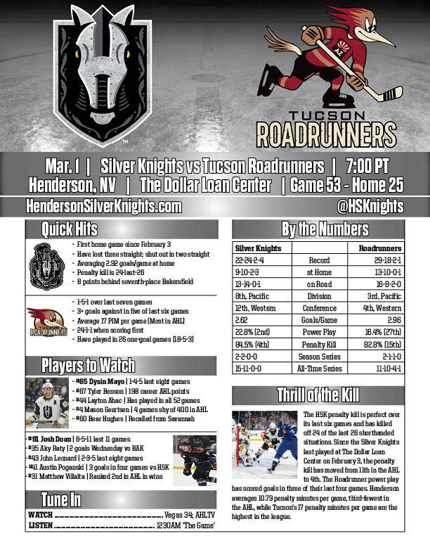 Brian McCormack (@brianjmccormack) on Twitter photo After a long road stretch, the HSK are back on home ice tonight to kick off a 5-game homestand against the Tucson Roadrunners.
Join us tonight at 7pm on Vegas 34 and on <a href="/1230TheGame/">1230 The Game</a> After a long road stretch, the HSK are back on home ice tonight to kick off a 5-game homestand against the Tucson Roadrunners.
Join us tonight at 7pm on Vegas 34 and on <a href="/1230TheGame/">1230 The Game</a>