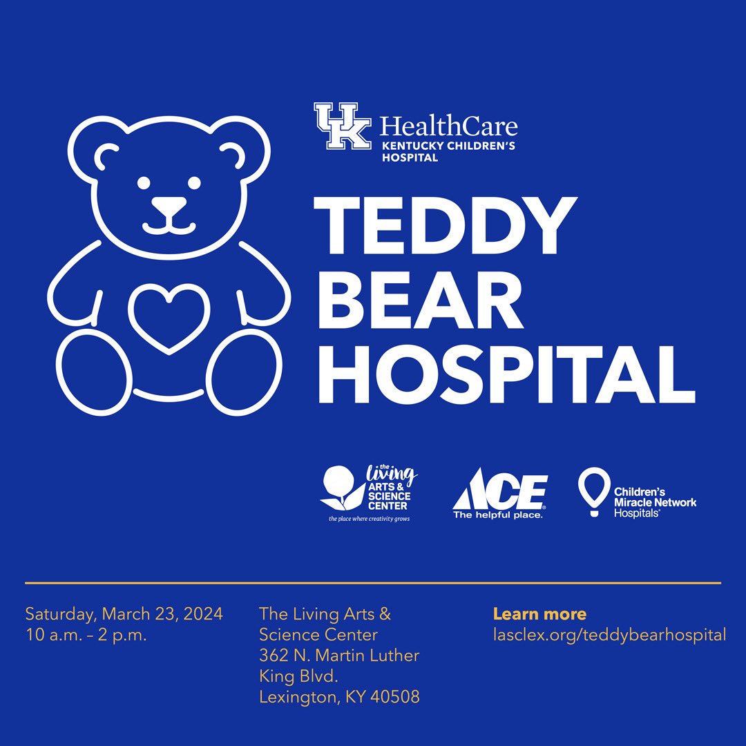 Join us for our FREE Teddy Bear Hospital presented by @AceHardware! Kids can bring their stuffed friends to discover health care in a fun, friendly atmosphere. Visit the Lexington Living Arts & Science Center on March 23rd!