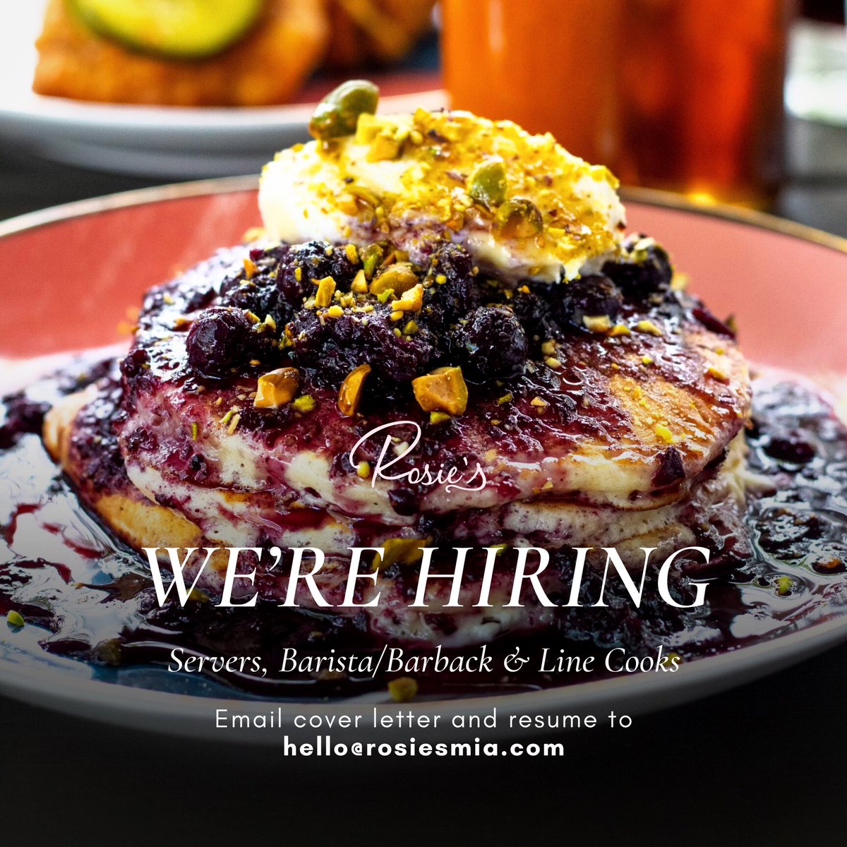 We’re hiring servers, barista/barback and line cooks in the Miami area. Email us your cover letter and resume to apply