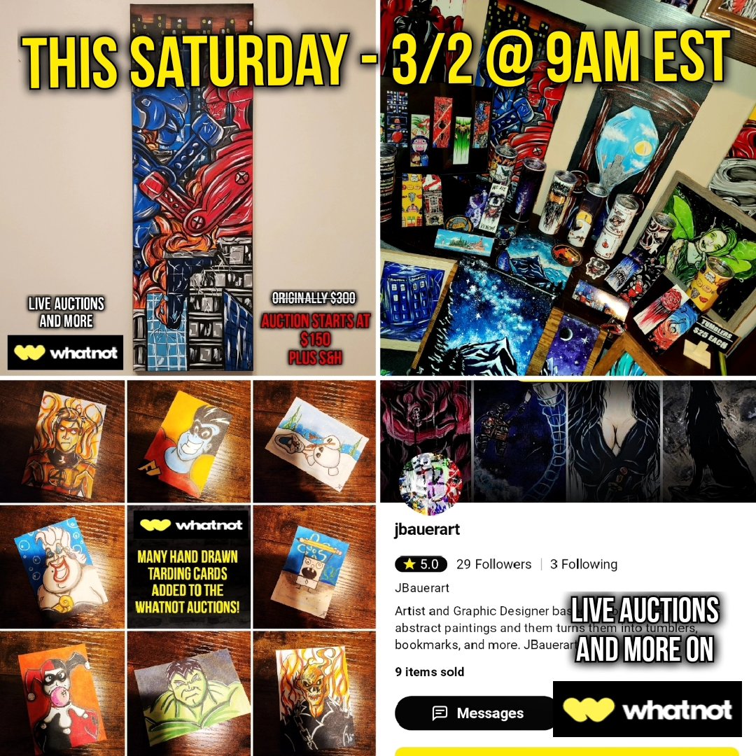 Thursday night was awesome! Can we do it again this tomorrow? The #rockemsockem painting is still available.

#JBauerart #art #artist #whatnot #whatnotseller #whatnotapp #rockemsockemrobots #paintings #tumblers #tradingcards #auctions