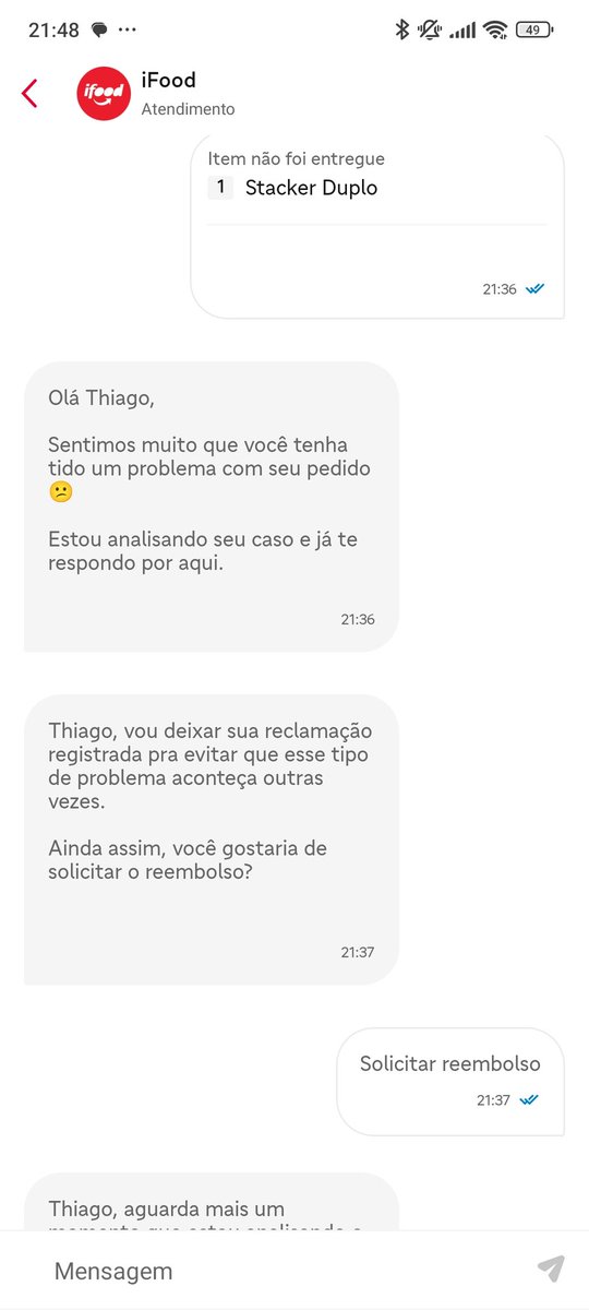 thiagomagno's tweet photo. Alô @iFood e @BurgerKingBR 
Fiz um pedido no aplicativo e o meu stacker duplo veio faltando. A loja não quis dar o reembolso ( e eu só queria o meu hambúrguer). Ao solicitar o reembolso pelo Ifood queriam me reembolsar 2 reais pelo maior hambúrguer do pedido, q na nota foi 12,10 https://t.co/1Beq8sjcnf