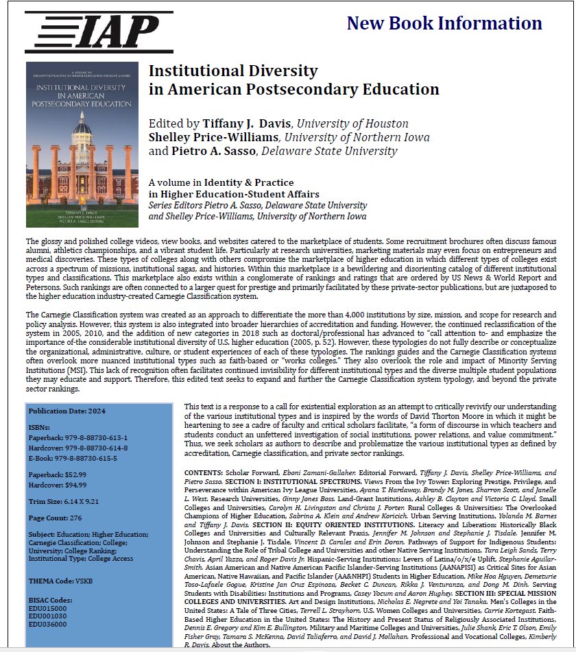 "Institutional Diversity in American Postsecondary Education" is being released late spring/early summer by <a href="/InfoAgePub/">IAP</a> in the IPHESA Series very soon! So many seminal scholars contributed to this text. Here is comes!