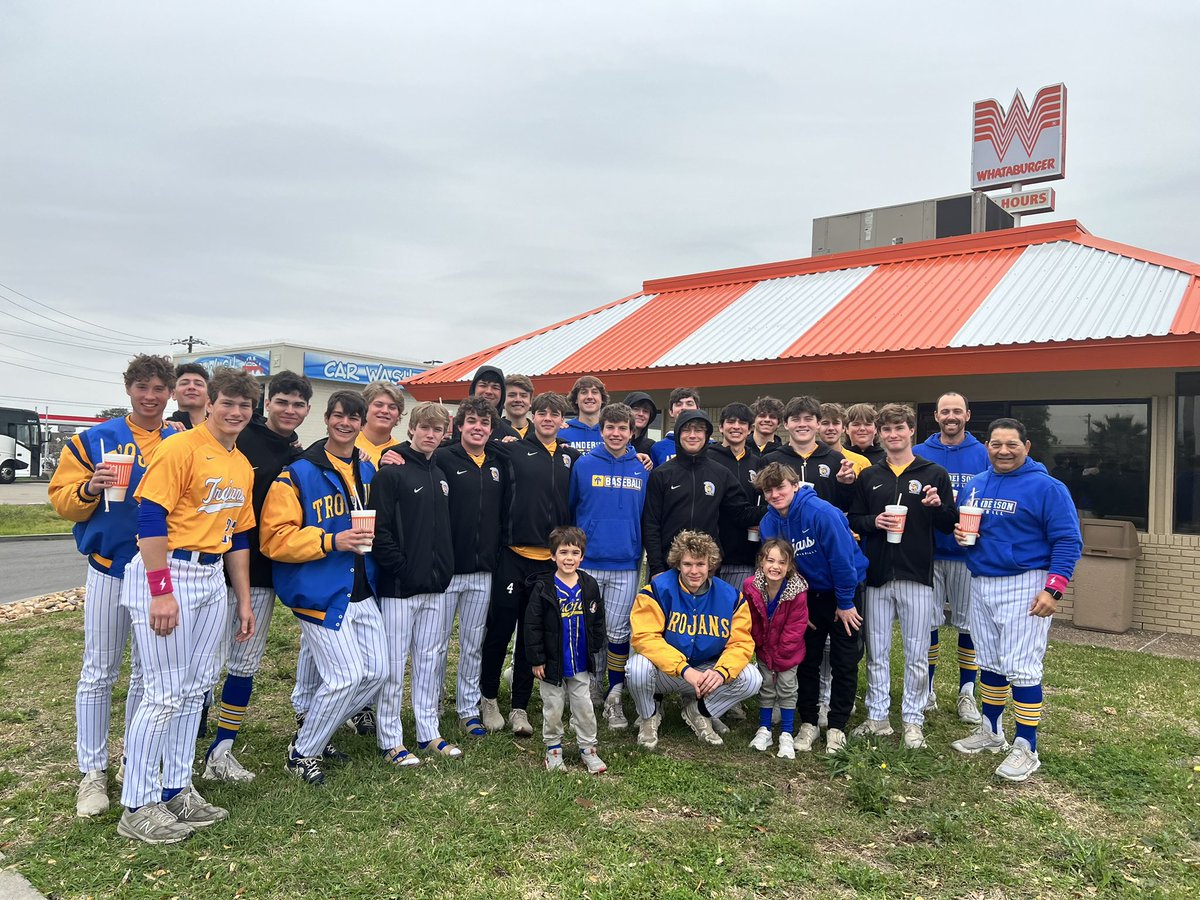 Anderson Trojan Baseball (@trojanvarsity) on Twitter photo Post-victory team lunch at <a href="/Whataburger/">Whataburger®</a> in Corpus. Shoutout to pitchers Ethan David, Drew Mierl, Owen Thomas and Mac Magruder for giving up just 2 runs over the past 3 games - helping secure a 3-1 record heading into Saturday. #TrojanPr1de Post-victory team lunch at <a href="/Whataburger/">Whataburger®</a> in Corpus. Shoutout to pitchers Ethan David, Drew Mierl, Owen Thomas and Mac Magruder for giving up just 2 runs over the past 3 games - helping secure a 3-1 record heading into Saturday. #TrojanPr1de