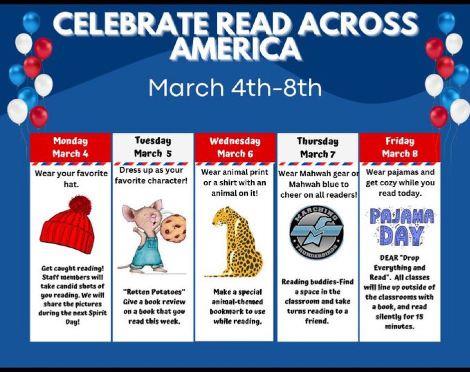 Next week is Read Across America Week! Join in the fun for our spirit days and go on a reading adventure! 📖📚❤️ #MahwahConnects