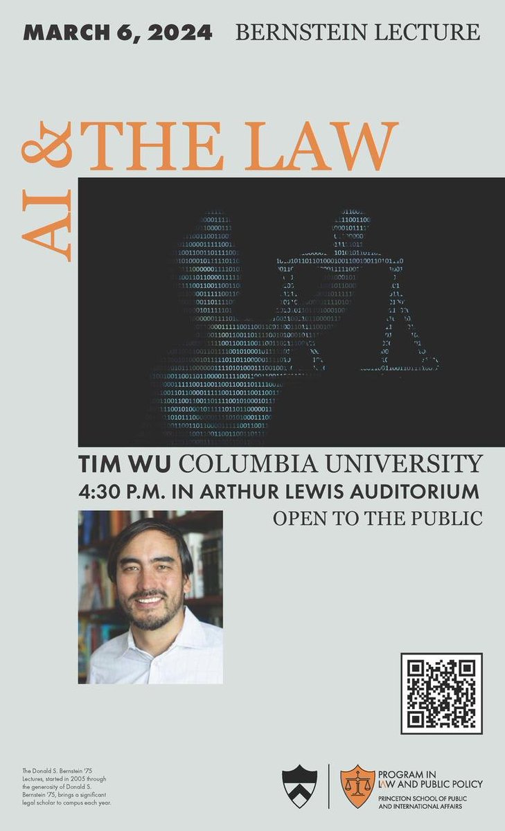 Come to Robertson Hall next Wednesday to see Tim Wu (@superwuster) lecture on AI and the Law.