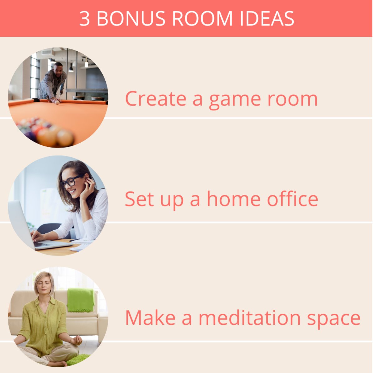 Not sure what to do with that extra room? Check out these bonus rooms ideas: 1. Create a game room. 2. Set up a home office. 3. Make a meditation space. How would you use a bonus room? Tell us in the comments! 💭 #bonusroom #decor #decorating #interiordesign