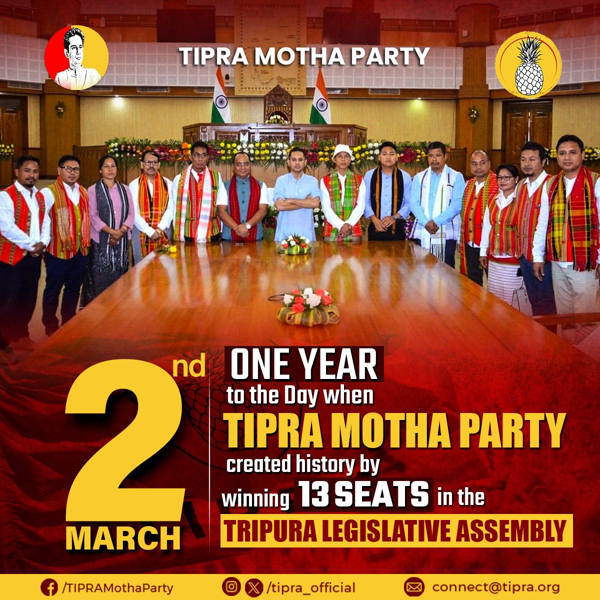 tipra_official's tweet photo. Today marks one year of the historic day, when the #TIPRA Motha Party won 13 seats in the 2023 Tripura Legislative Assembly Elections, and became the second-largest political party in the state assembly.
 
It was all possible because of the dynamic leadership and able guidance of our beloved #Bubagra @PradyotManikya and the unwavering commitment and Thansa (unity) of our warriors.

Today, once again, we are standing at a juncture where we are hopeful of achieving something historic for our people. Be #Thansa and have faith in #Bubagra.