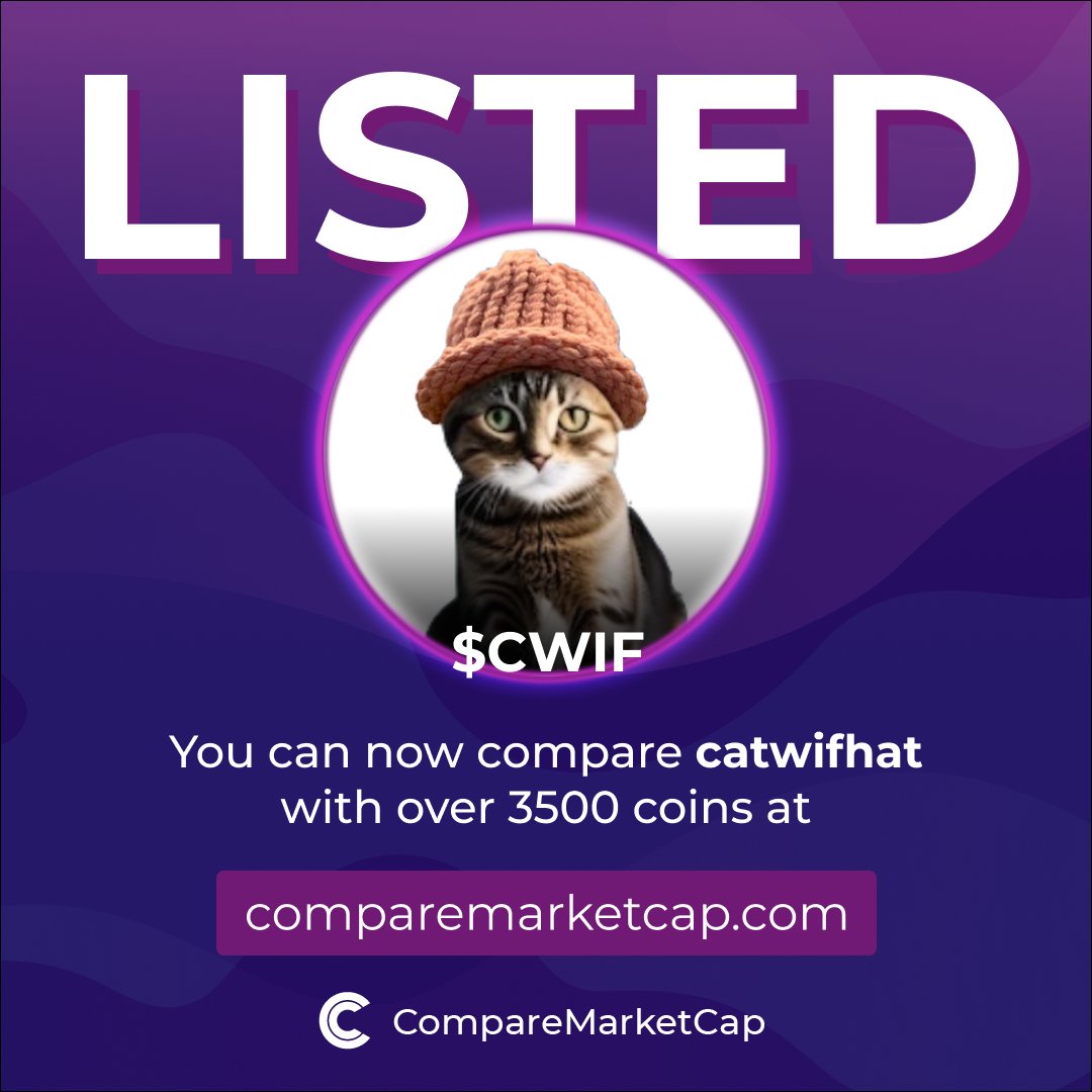 $CWIF is now listed on CompareMarketCap!    

📈$33M             
💸$0.0₆73

Check out catwifhat on:  
- Website: catwifhatsolana.com
- X: <a href="/catwifhatsolana/">Catwifhat $CWIF</a>
- Telegram: t.me/catwifhatonsol

You can now compare catwifhat with over 3500 coins on comparemarketcap.com/coin/catwifhat…