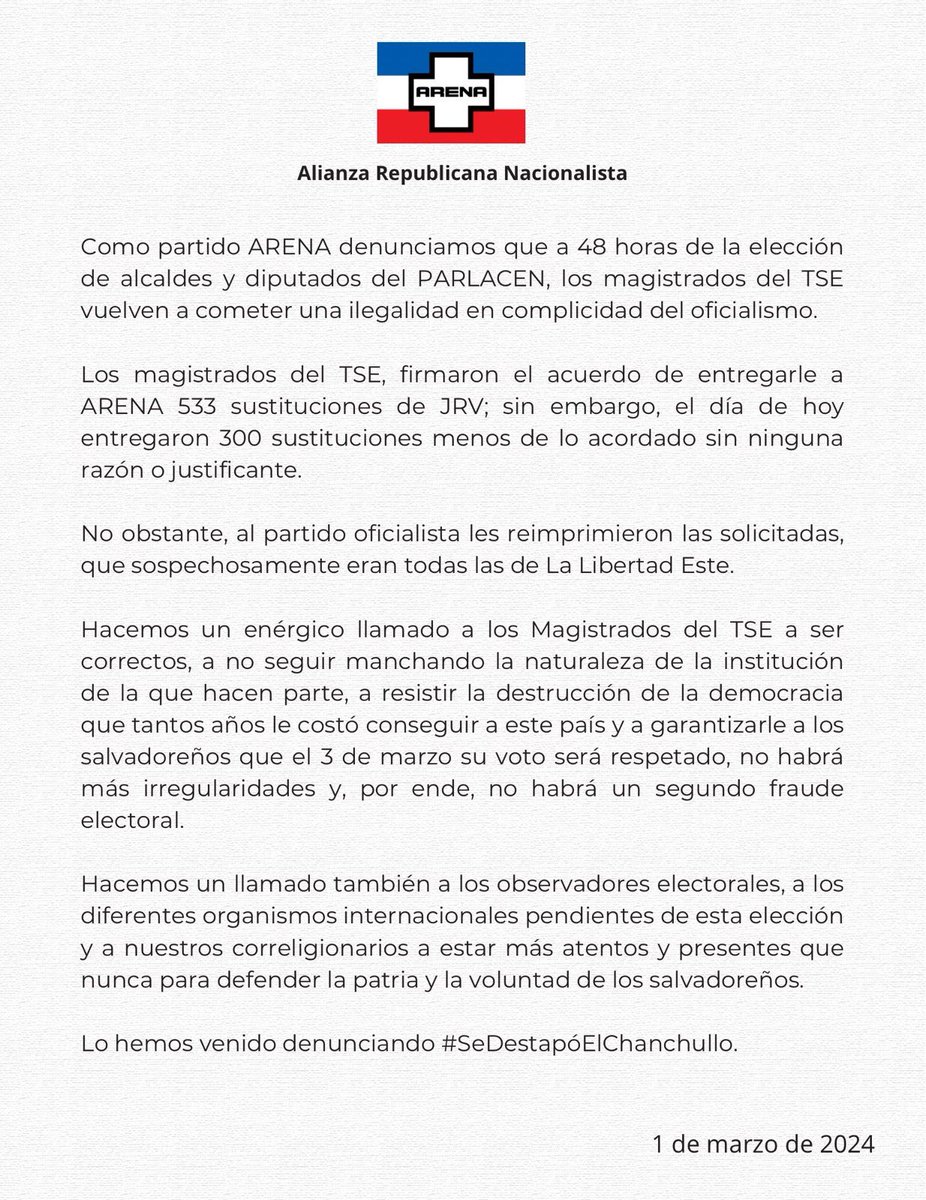 ARENAOFICIAL's tweet photo. #Denuncia 📣
A 48 horas de la elección de alcaldes y diputados del PARLACEN los magistrados del @TSEElSalvador vuelven a cometer otra ilegalidad.
¿Por qué entregarnos menos sustituciones de JRV que las acordadas?
#SeDestapóElChanchullo
@OEA_oficial @USEmbassySV https://t.co/KyVmx9bTbZ