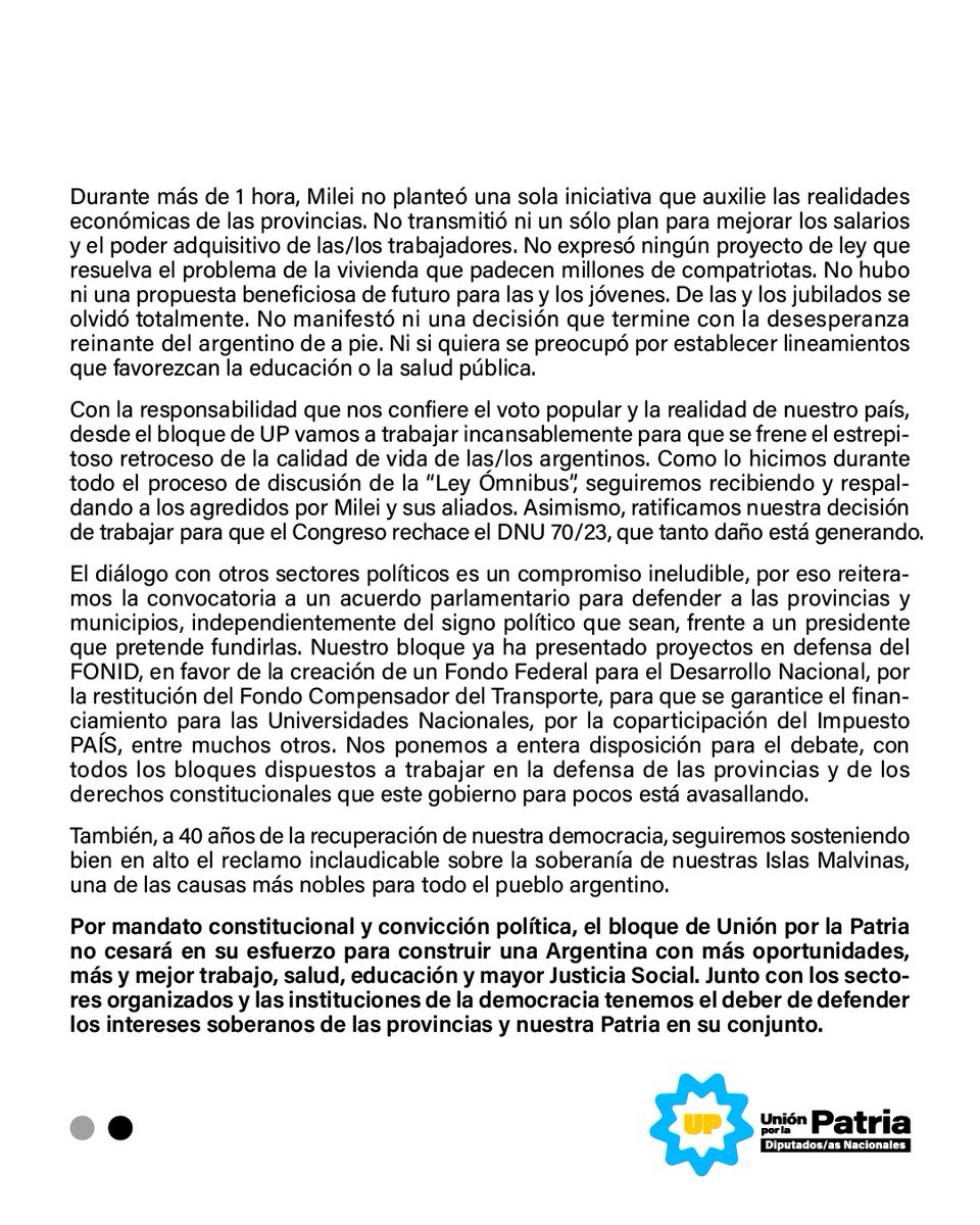 Diputados_UxP's tweet photo. 📄 #COMUNICADO • EL QUE NO LA VE ES EL PRESIDENTE MILEI. Los agravios y las excusas no tapan la realidad. 

⬇️ https://t.co/EQrZnViiDw