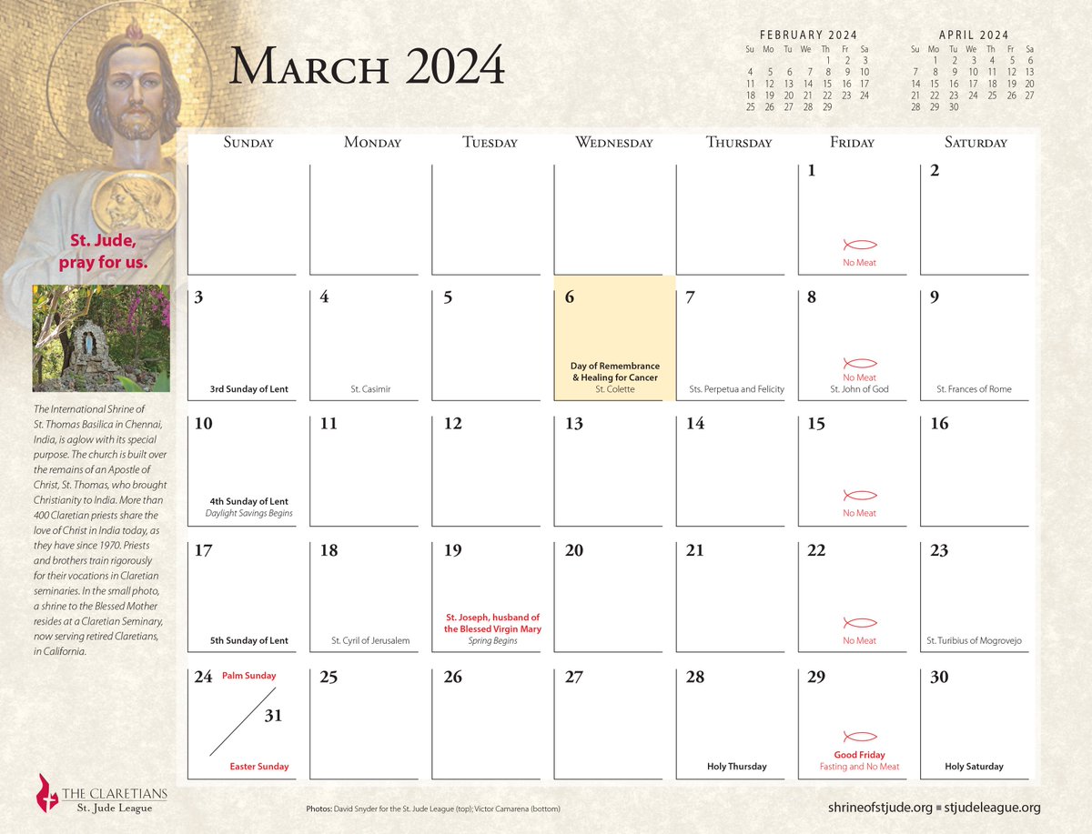 View the liturgical calendar for the month of  March and keep up-to-date on this month's feast days and other celebrations: bit.ly/liturgicalmarch

-

#stjude #liturgicalcalendar #calendar #saint #feastdays #prayforus #lent #month #march #celebrate #novena #saintjude