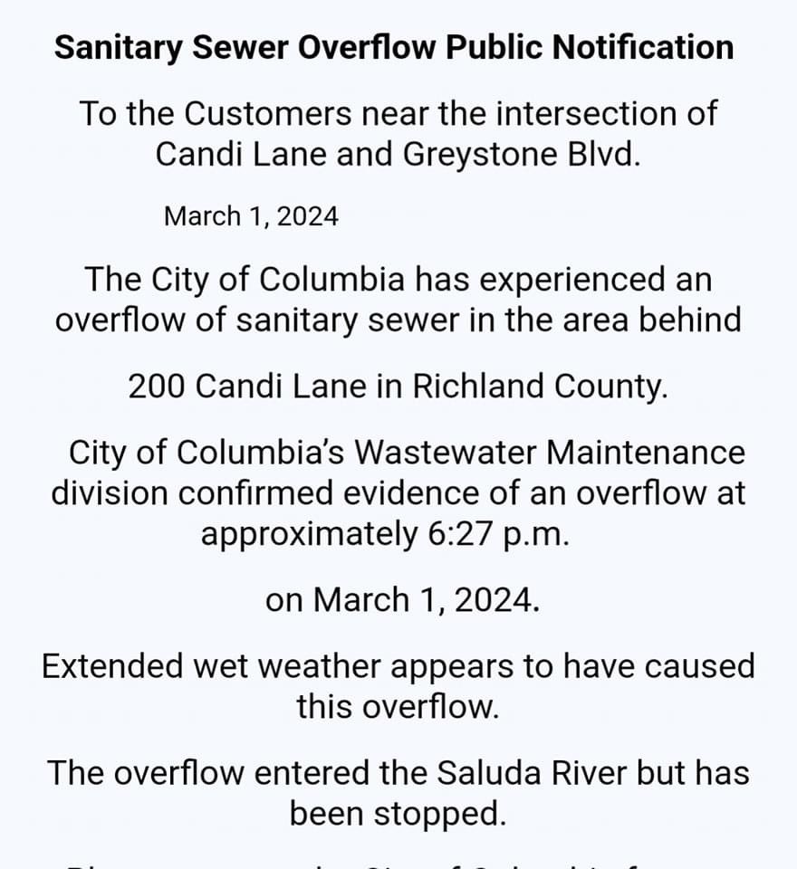 ⚠️ Sewer Spill Alert ⚠️ The City of Columbia has experienced a sewer overflow near the Saluda Riverwalk impacting the Lower Saluda River.