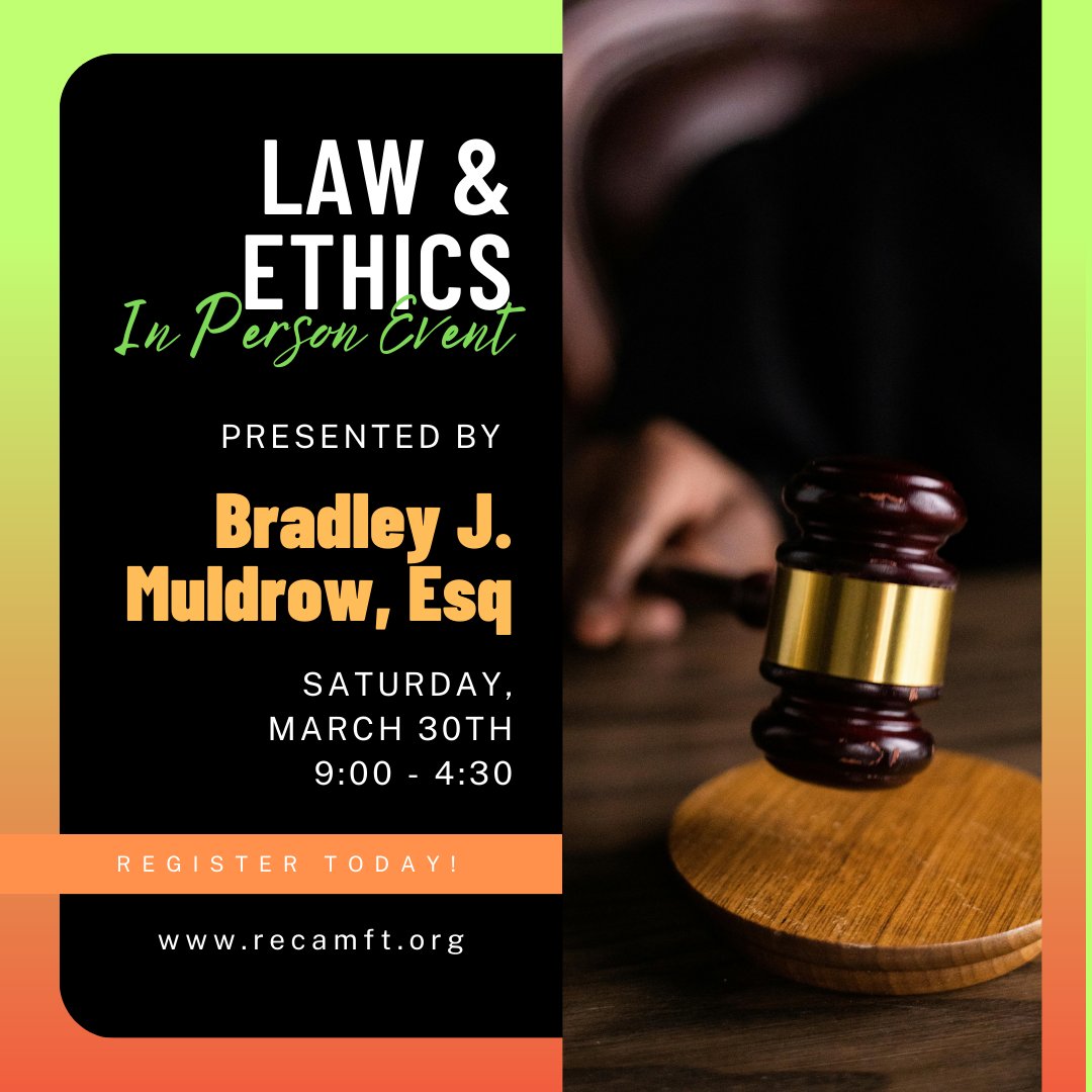 recamft's tweet photo. Dive deep into the clinical justice system &amp; demystify Medicare at our upcoming Law &amp; Ethics workshop. Join us in Petaluma, CA on March 30th, with CAMFT attorney, Bradley J. Muldrow. Early bird pricing ends March 8th! Register today at https://t.co/zaqA4BvsyO https://t.co/Tsg6BsZFbf