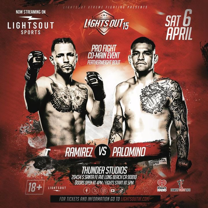 Man!!!!! Our Co Main event is insane Richie Palomino Vs Danny Ramirez will bring down the house…GUARANTEED!!! April 6th in Long Beach, California streaming on @lightsouttv Presented by @FamilyFirstLife Partner: @iHeartRadio 🎟️ LightsOutxf.com