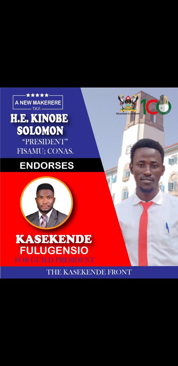 The President himself Mr Kinobe Solomon endorsed the candidate #The Kasekende Front . Behold the 90th Guild president of Makerere University.