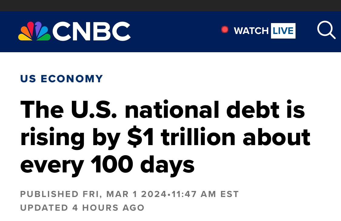 WallStreetMav's tweet photo. The nation’s debt now stands at nearly $34.4 trillion, as of Wednesday.

Since June, the last two $1 trillion jumps occurred in about 100 days. (92 days and 95 days for the most recent $2 trillion in debt added)

Within a few years it will grow at $1 trillion every 30 days. Will the USD $$ survive?
