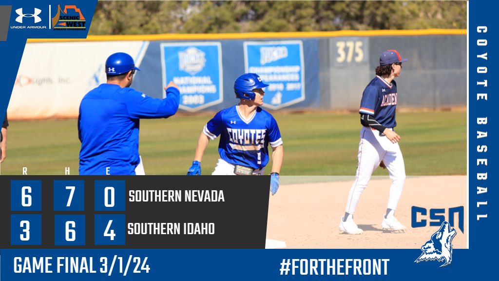 CSN (10-7 overall, 1-0 SWAC) defeats CSI 6-3 in game 1. G. Geis (2H, 3RBI, 2BB) &amp; J. Wheatley (1H, 2RBI) led the offense. L. Boesen (3.1IP, 7K’s, W) L. Smith (1.2IP, 3K’s) &amp; H. Alberini (2IP, 4K’s, SV) shoved on the bump. Game 2 was suspended &amp; will resume tomorrow at 11AM (MST)