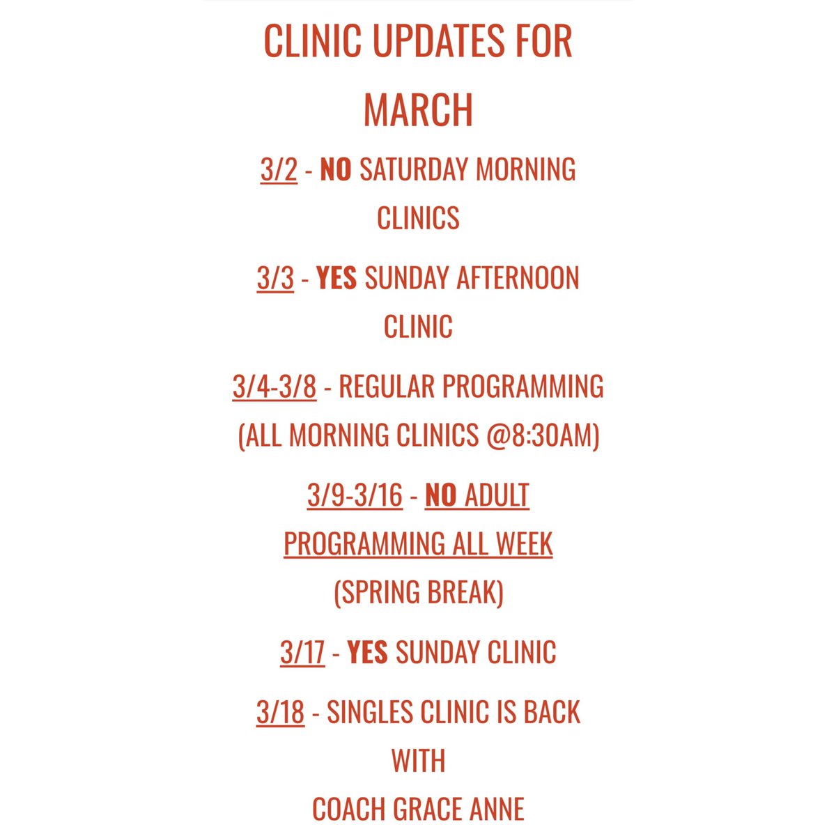 sgistennis's tweet photo. Clinic updates for March! Most importantly - no men’s or women’s clinic tomorrow morning, 3/2!! https://t.co/sDSrPJ2FRe