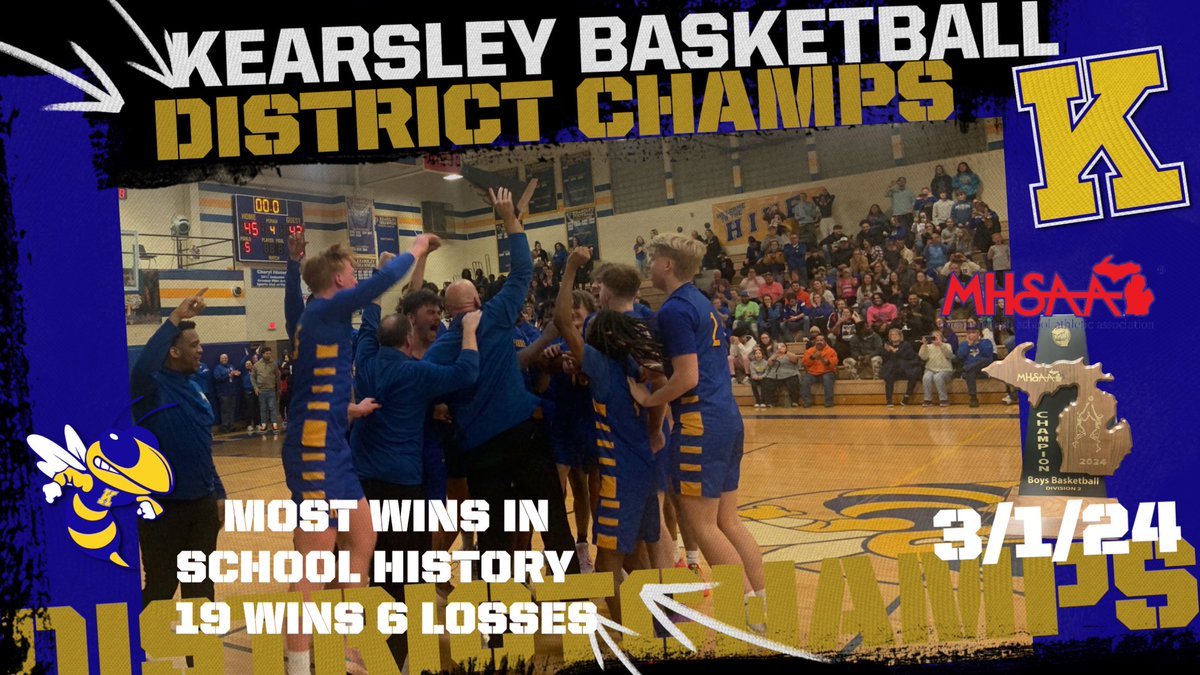 Kearsley Boys Basketball win their first District Title in 50 years and set a school record for wins improving to 19 wins 6 losses on the season! #HornetPride #KearsleyBasketball