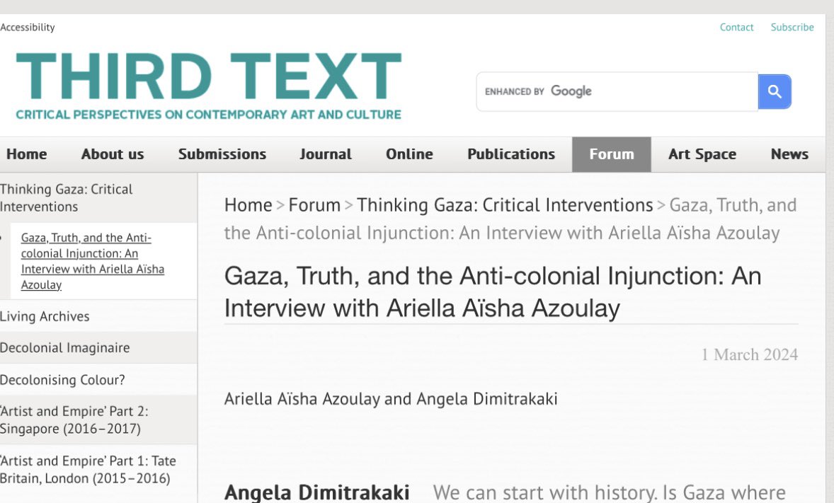 An interview with me conducted by Angela Dimitrakaki published @thirdtext_ thirdtext.org/thinkinggaza-a…