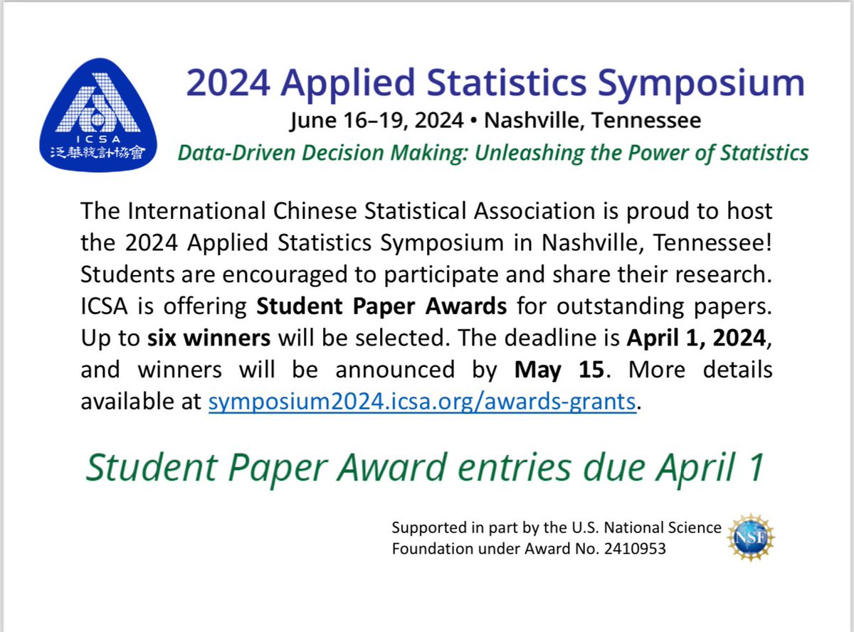 ICSA Student Paper Award entries due April 1👇👇👇@vandy_biostat @dragontaoran