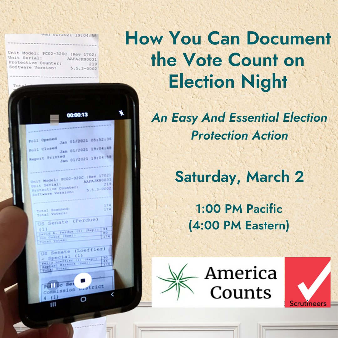 [TODAY at 1PM PT]  Got a smartphone & a passion for justice? Help protect democracy on Super Tuesday!  Learn how at this free 1-hour online training. Register  scrutineers.org/events/
#Elections2024 #SuperTuesday #AmericaCounts