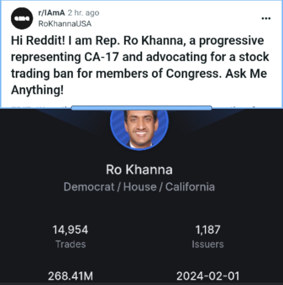 tomcummings's tweet photo. @RoKhanna I didn't see this addressed in your Reddit AMA: why do you advocate for Congressional stock trading rules while continuing to engage in individual trading? Why not lead by example? Feels like lip service when doing an AMA days after disclosing new positions. https://t.co/houKUzYnWj